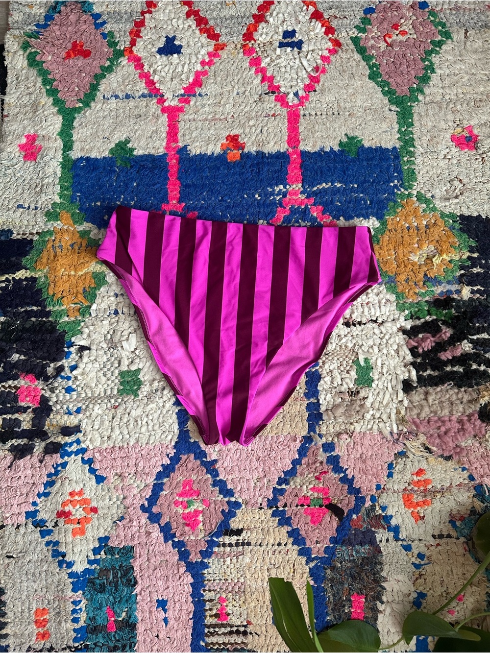 High-Waist High-Cut Striped Bikini Bottom - Magenta & Berry